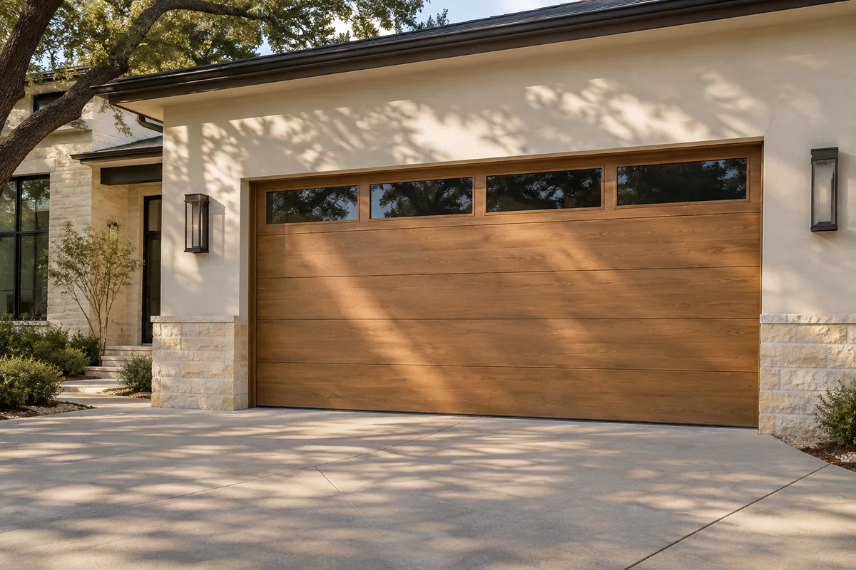 Architectural illustration of a cedar garage door, limestone and warm tree shadows at a Texas home
