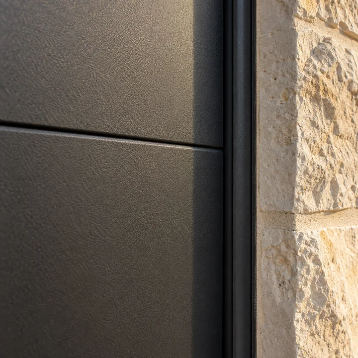 Illustrative close-up of charcoal door panels and a weather seal beside a limestone jamb