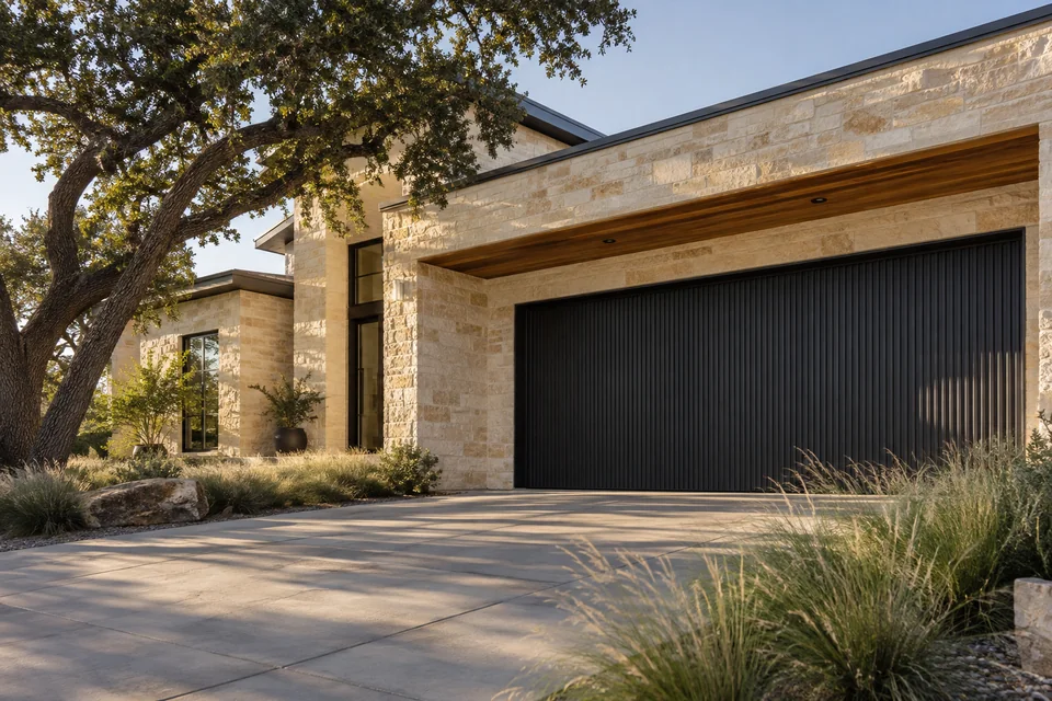Architectural illustration of a charcoal garage door beside warm limestone and native landscaping